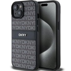 DKNY Leather Mono Stripe &amp;amp; Metal Logo Case for iPhone 15 Plus / 14 Plus - Black