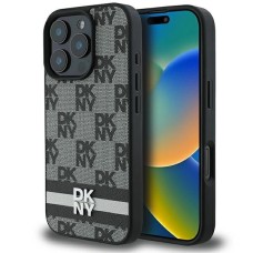 DKNY Checkered Pattern &amp;amp; Printed Stripes Case for iPhone 16 Pro Max - Black
