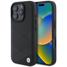 BMW Signature Leather Crossing Lines Pattern iPhone 16 Pro Case - Black