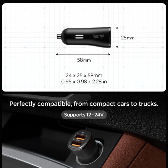 Spigen Essential EV302 30W 2-Port USB-A Car Charger - Black