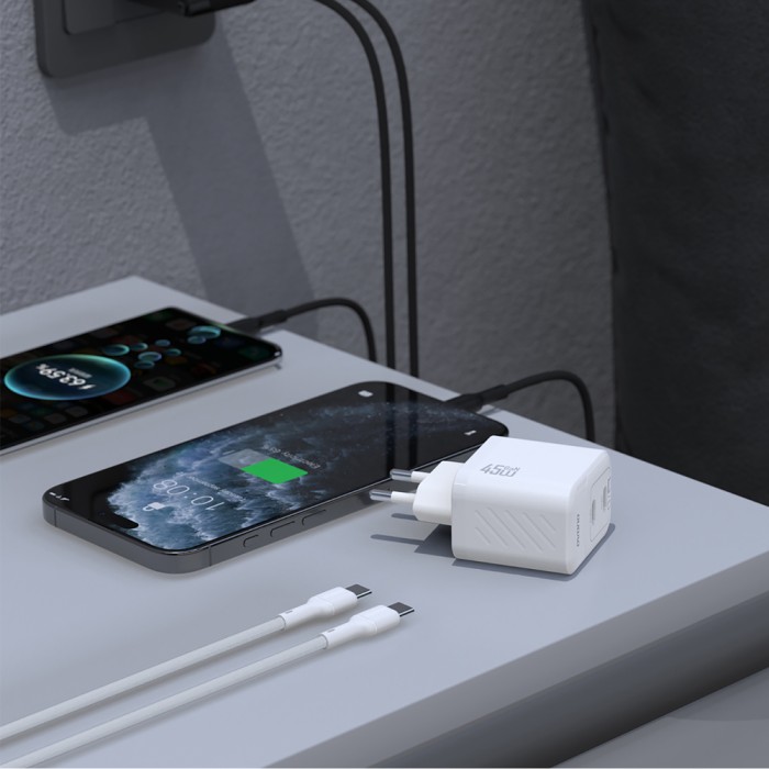 Dudao A28PCEU PD 45W GaN 2xUSB-C Wall Charger with USB-C Cable - White