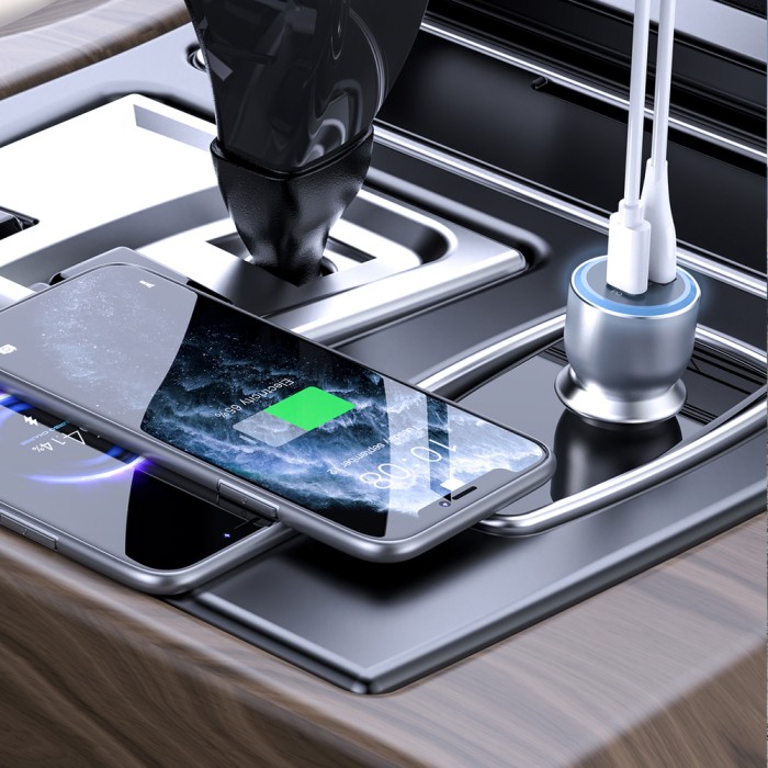 Dudao R4Ultra 120W Power Delivery Quick Charge LED Car Charger USB-A USB-C - Gray