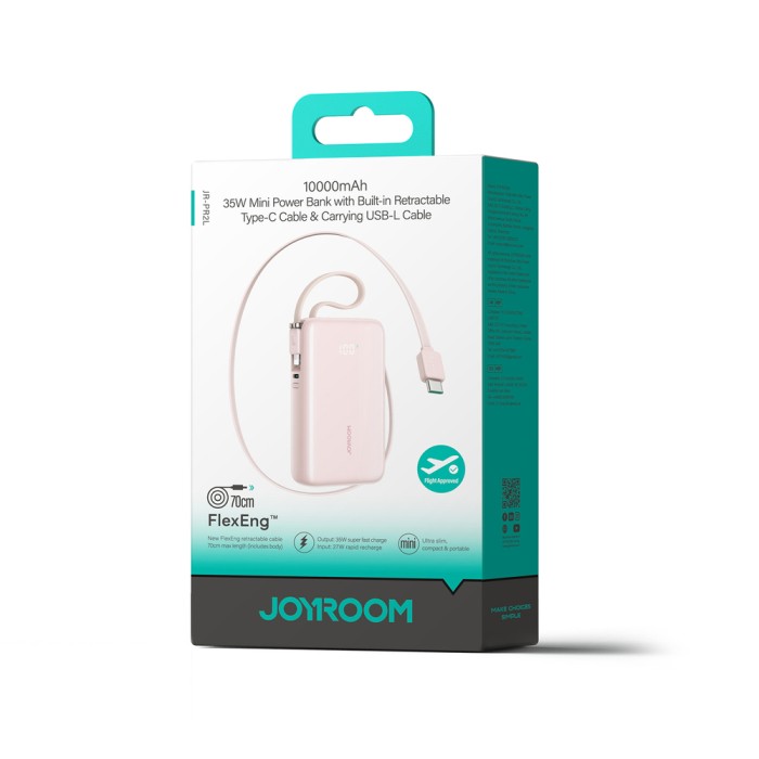 Joyroom JR-PR2L 10000mAh 35W Power Bank with Built-in Retractable USB-C Cable and Lightning Lanyard Cable - Pink