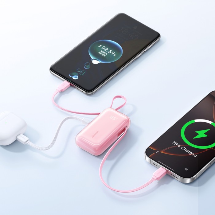 Joyroom JR-PR2L 10000mAh 35W Power Bank with Built-in Retractable USB-C Cable and Lightning Lanyard Cable - Pink