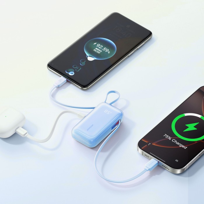 Joyroom JR-PR2L 10000mAh 35W Power Bank with Built-in Retractable USB-C Cable and Lightning Lanyard Cable - Blue