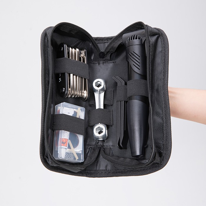Wozinsky WMZ-01N tool kit, 16-in-1 bicycle multitool, pump, wrenches, inner tube kit - black