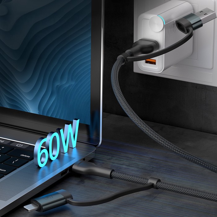 3mk Hyper Cable N-SERIES 2 in 2 USB-A / USB-C and USB-C / Lightning 1.2m QC 3.0 9V/2A 60W - black
