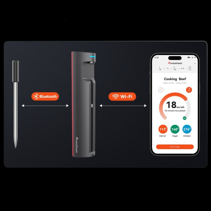 Meatmeet Pro smart kitchen thermometer with Bluetooth/WiFi app, grill, oven, smoker - black