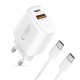 Tech-Protect NCA45W-GAN 2-Port 45W Wall Charger with USB-C Cable - White