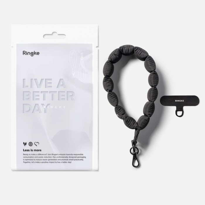 Ringke Holder &amp;amp; Puffer Hand Strap Phone Lanyard - Black