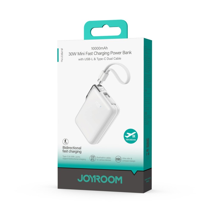 Joyroom JR-PBF27 Pro 10000mAh 30W Power Bank with Built-in USB-C Cable and Additional Bidirectional USB-C to Lightning Cable - White