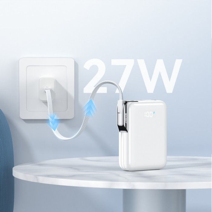 Joyroom JR-PBF27 Pro 10000mAh 30W Power Bank with Built-in USB-C Cable and Additional Bidirectional USB-C to Lightning Cable - White