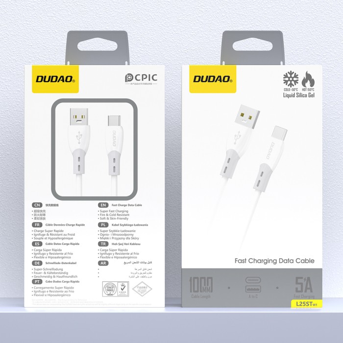 Dudao L25ST 5 A USB-A - USB-C Cable with Soft Silicone Braid 1 m - White