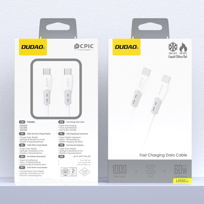 Dudao L25SC 60W USB-C - USB-C Cable with Soft Silicone Braid 1m - White