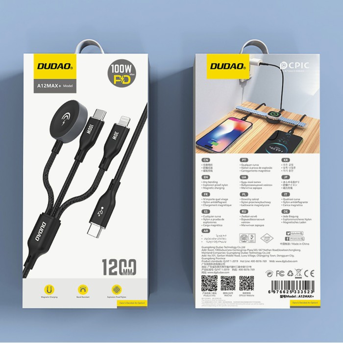 Apple Watch Dudao A12Max+ PD 100W 3in1 Charger Cable: USB-C Lightning 1.2m - Black
