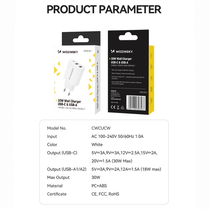 Wozinsky CWCUCW 30W USB-C / 2 x USB-A Wall Charger - White