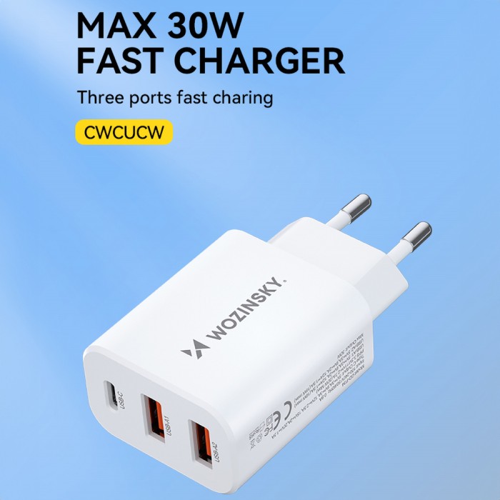 Wozinsky CWCUCW 30W USB-C / 2 x USB-A Wall Charger - White