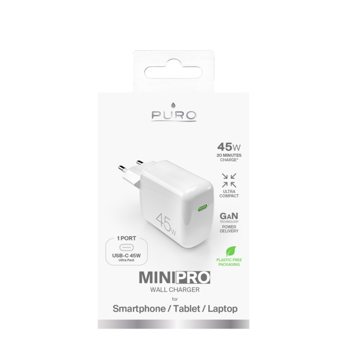 Puro Super Mini 45W PD GaN USB-C Wall Charger - White