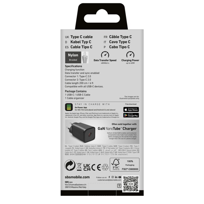 SBS TECABLETISSUETCC2G Cable 2 x USB-C 2m 60W with Power Delivery - Gray