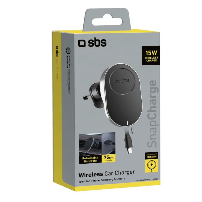 SBS TESUPP15WRETRACABL Wireless Charger Smartphone Holder with Retractable Cable Compatible with MagSafe - Black