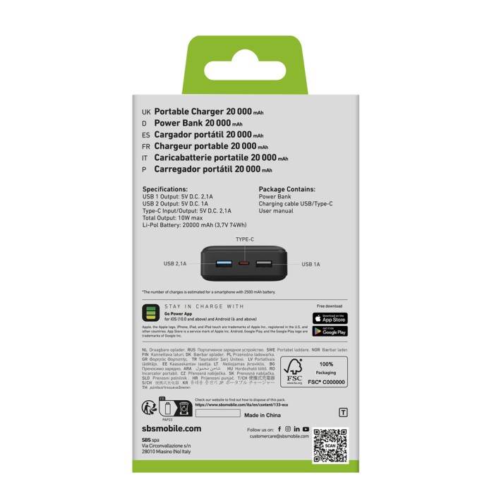 Powerbank Puro Fast 20000 mAh 2x USB-A + 1x USB-C - black