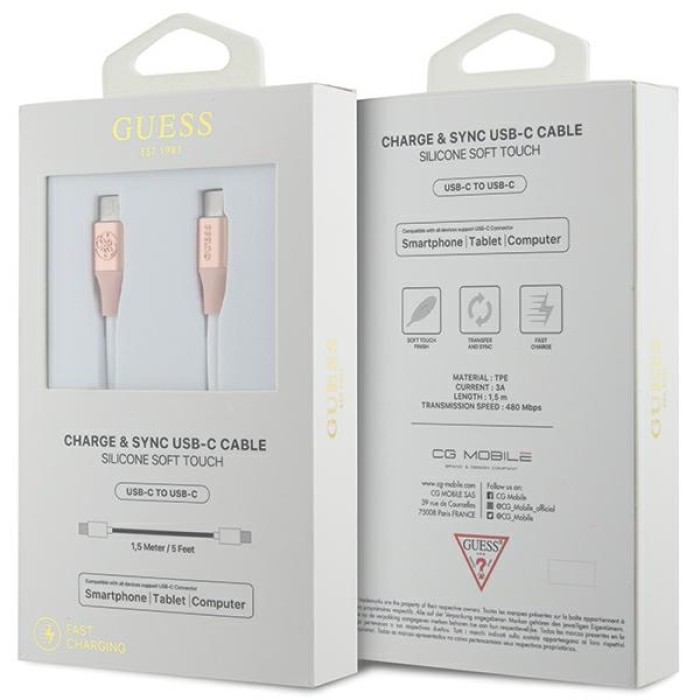 Guess Ebossed Logo USB-C / USB-C Cable 1.5m Fast Charging - Pink