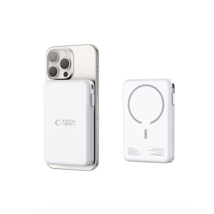 Tech-Protect LifeMag PB31 Power Bank with MagSafe 10000mAh 15W USB-C / USB-A / Built-in USB-C / Lightning Cables - White