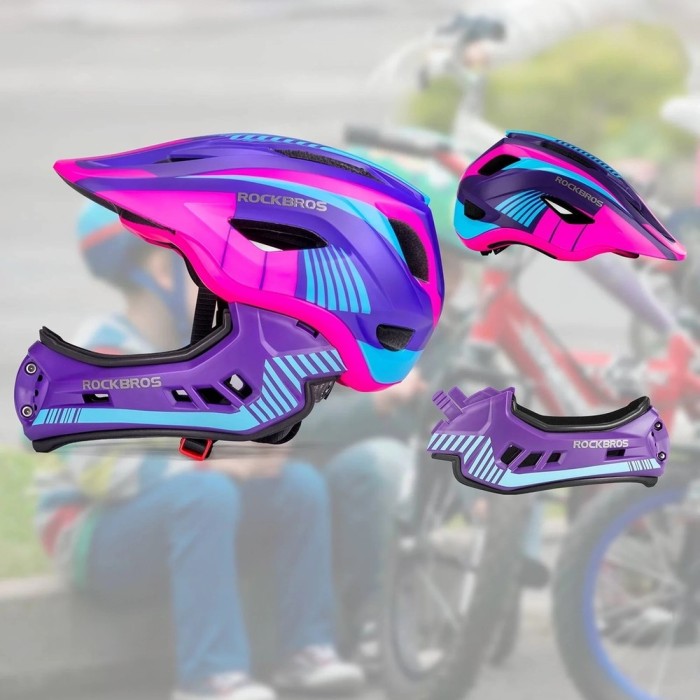 Rockbros TT-32SBPP-S Children&amp;#39;s Bike Helmet with Detachable Chin Size S - Purple-Pink