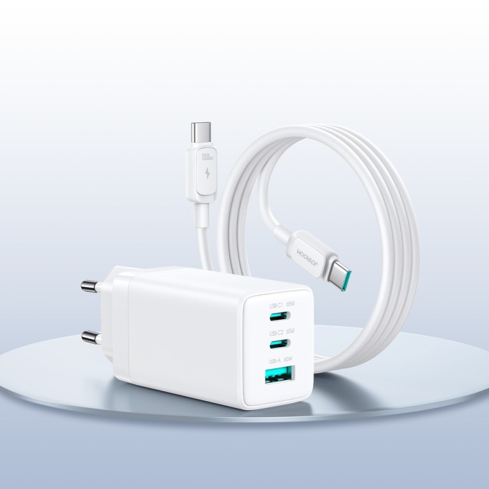 Joyroom JR-TG10 65W GaN 2x USB-C + USB-A wall charger with 65W USB-C - USB-C 1.2m cable - white