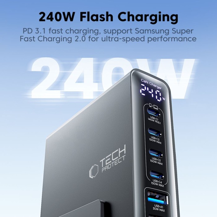 Tech-Protect DC240W-GaN Charging Station 6 Ports 4 x USB-C 2 x USB-A 240W QC3.0 - Black