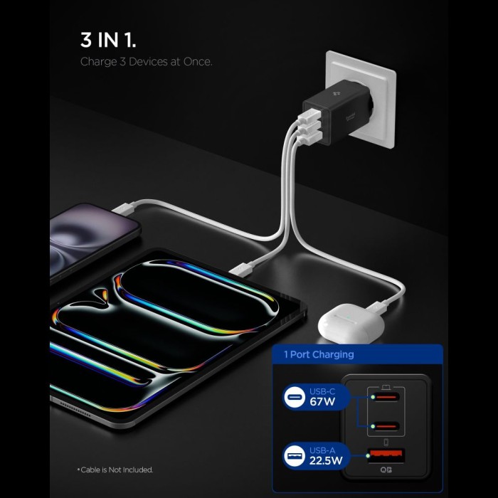 Spigen Essential EE673EU 3-port charger 2xUSB-C 1xUSB-A 67W - black