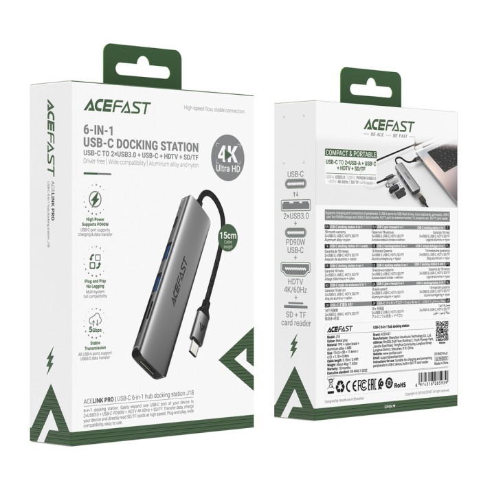 Acefast J18 USB Hub USB-C 6-in-1 HDMI 4K 60Hz PD90W Docking Station - Gray