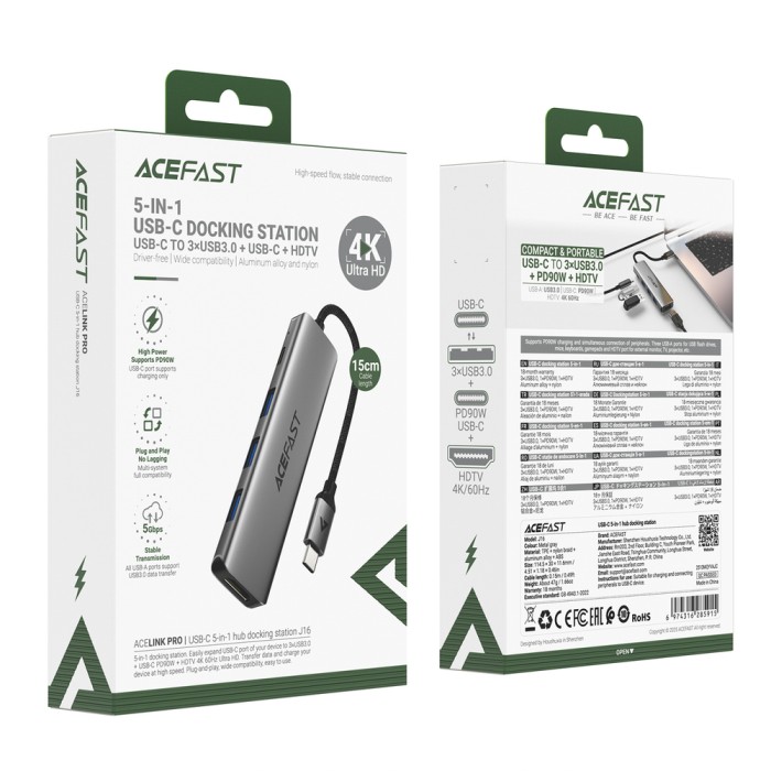 Acefast J16 USB Hub USB-C 5-in-1 HDMI 4K 60Hz PD90W Docking Station - Gray