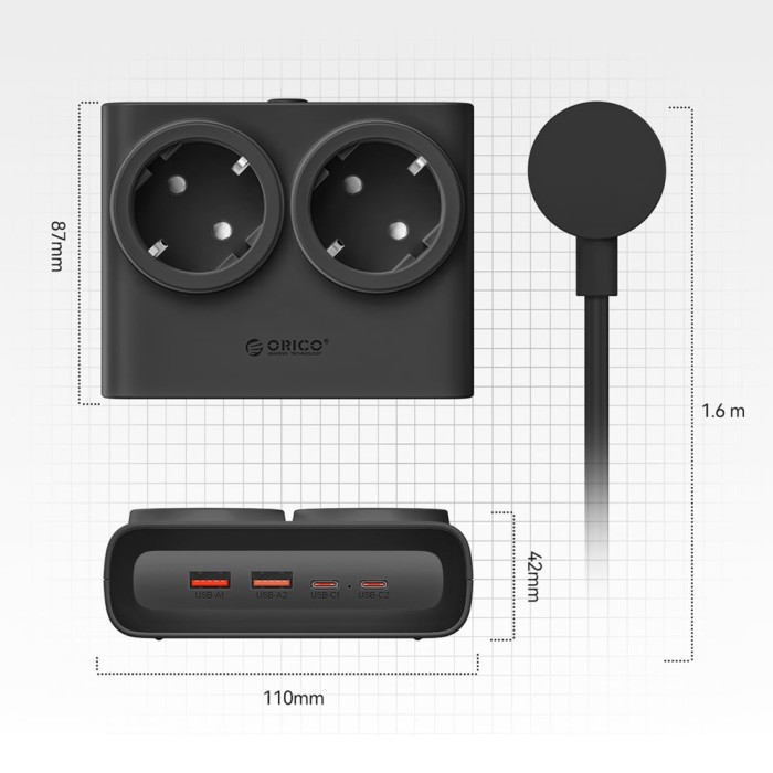 Orico PDC25 25W 6in1 Power Strip 2x AC + 2x USB-A + 2x USB-C - Black