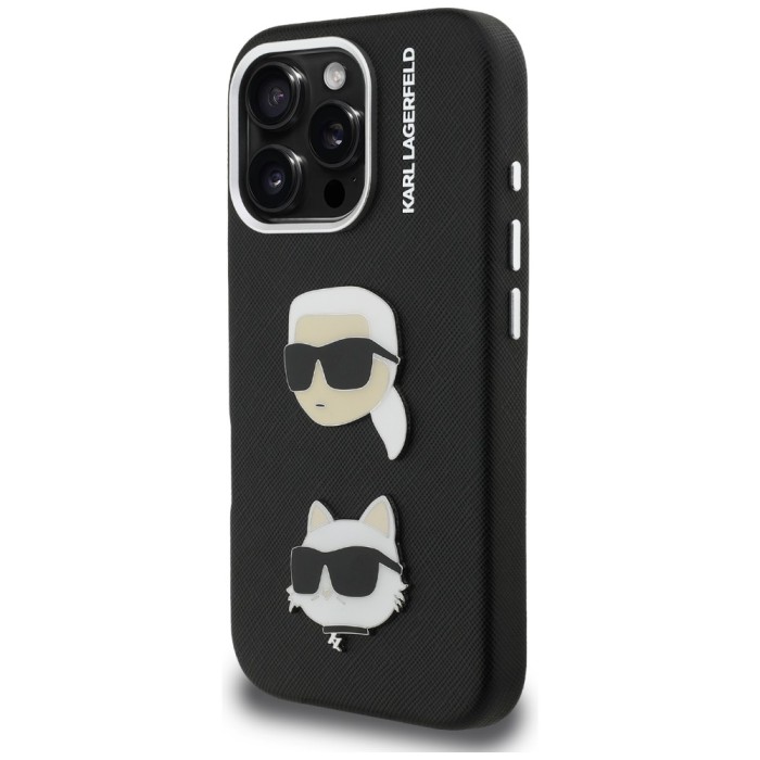 Karl Lagerfeld FW Grained Karl &amp;amp; Choupette Heads Pins Case for iPhone 16 Pro Max - Black