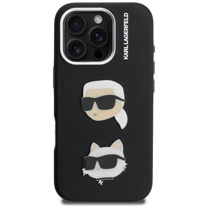 Karl Lagerfeld FW Grained Karl &amp;amp; Choupette Heads Pins Case for iPhone 16 Pro Max - Black