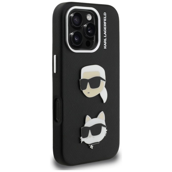 Karl Lagerfeld FW Grained Karl &amp;amp; Choupette Heads Pins Case for iPhone 16 Pro Max - Black