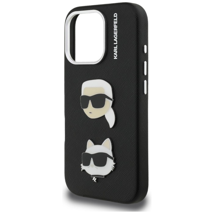 Karl Lagerfeld FW Grained Karl &amp;amp; Choupette Heads Pins Case for iPhone 16 Pro Max - Black