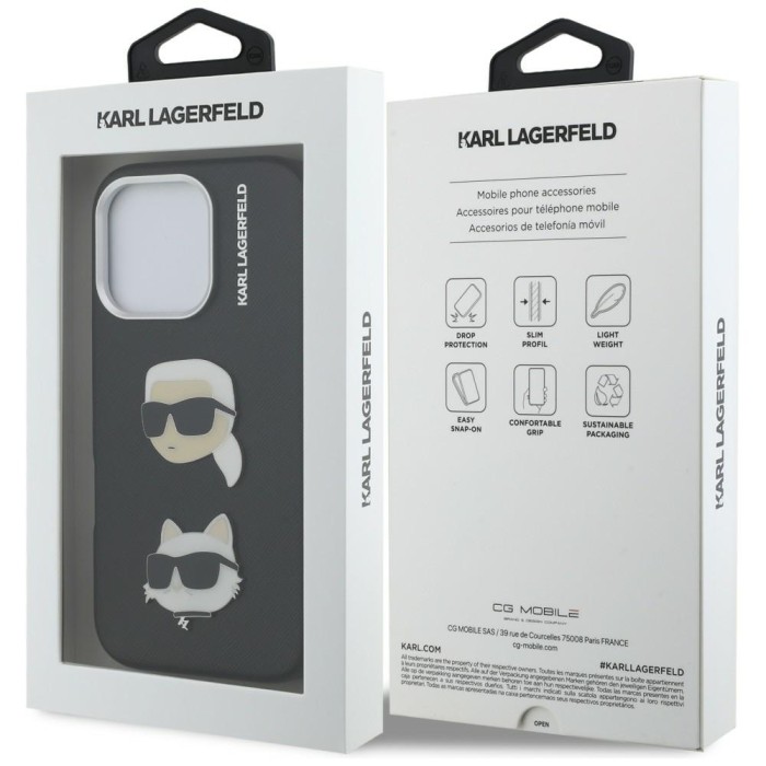 Karl Lagerfeld FW Grained Karl &amp;amp; Choupette Heads Pins Case for iPhone 16 Pro Max - Black
