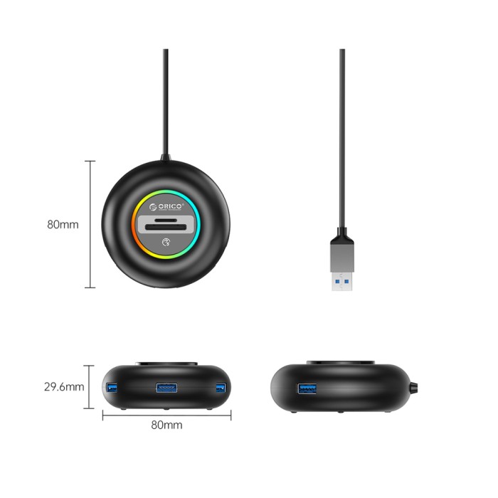Orico YXR5-U3 RGB USB Hub 4-Port USB-A 3.0 with SD and microSD Card Reader 0.3m - Black