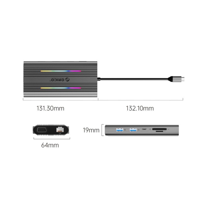 Orico XCR 12in1 RGB USB-C Docking Station 3x USB-A USB-C PD 100W HDMI 4K VGA RJ45 Gigabit SD and microSD Card Reader - Gray