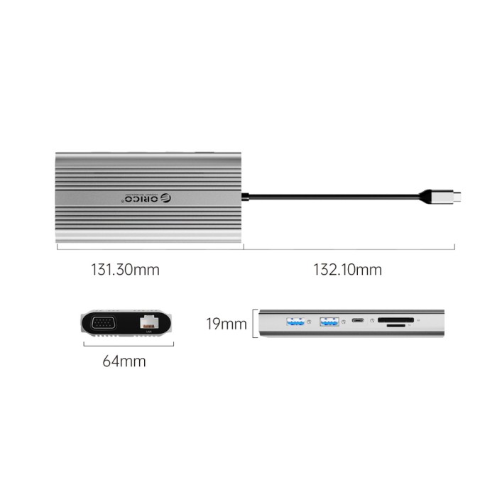 Orico XDR 12in1 USB-C Docking Station USB-A USB-C HDMI 4K VGA RJ45 Gigabit PD 100W SD and microSD Card Reader - Silver