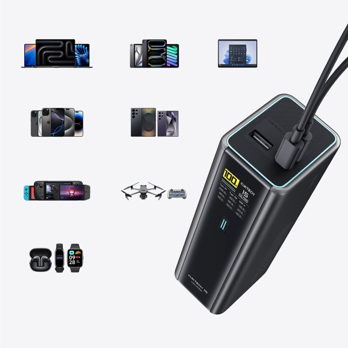 Cuktech PB200U Powerbank 210W 20000mAh 2x USB-C + USB-A with TFT display and 240W USB-C cable - black