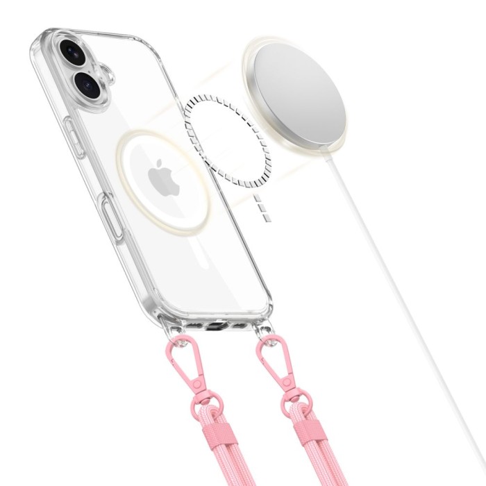 Tech-Protect Flexair Chain MagSafe Case for iPhone 16 - Clear + 2 Lanyards (Pink and Gray)