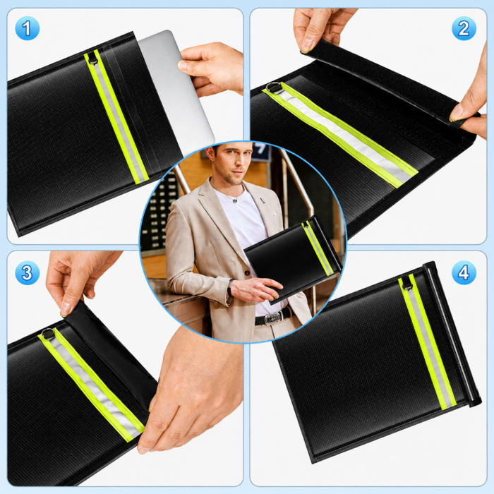 Set of 5 fireproof RFID signal blocking bags OTN-5R with handle and reflective strip - black