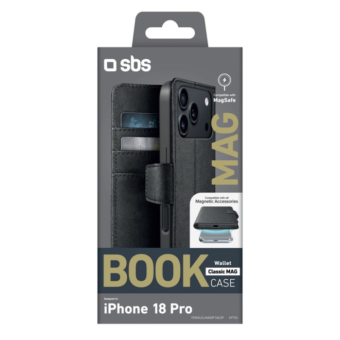 SBS Wallet Classic Mag Case for iPhone 18 Pro with Wallet and Stand, MagSafe Compatible - Black