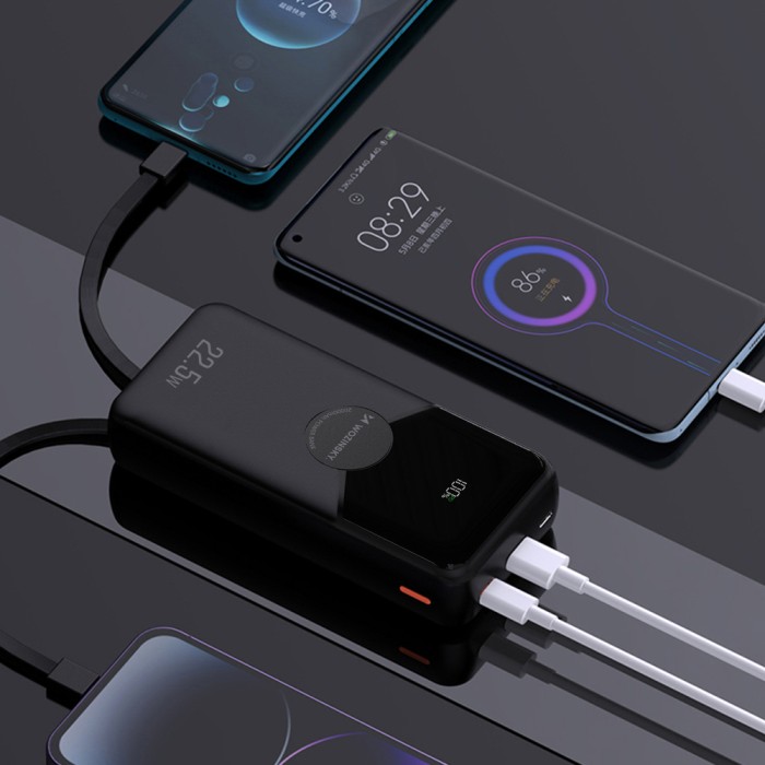 Wozinsky WFC-15B 20000mAh 22.5W PD20W Powerbank with Built-in Lightning and USB-C Cables - Black