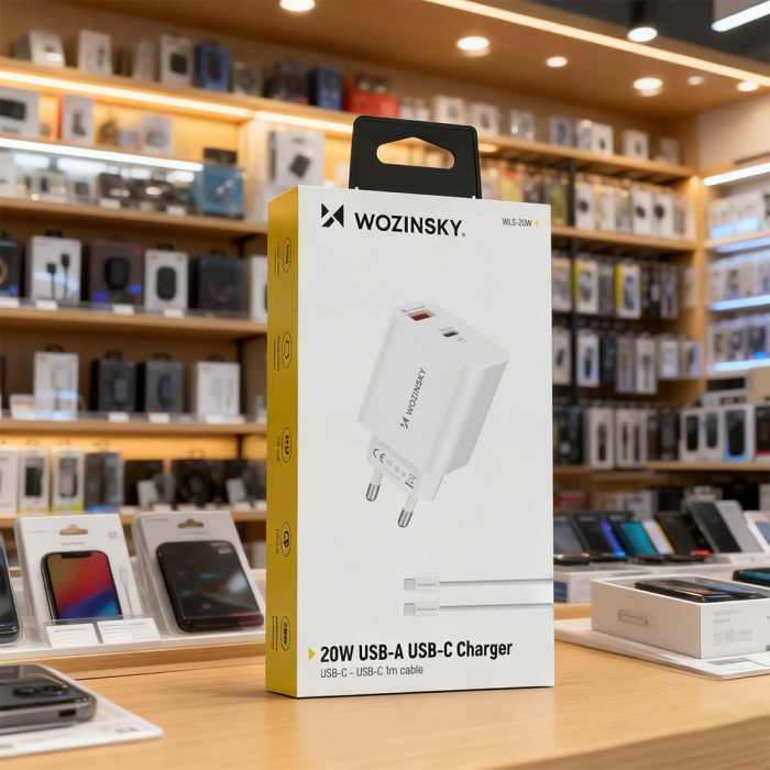 Wozinsky WLS-20W 20W USB-A USB-C Wall Charger with 1m USB-C - USB-C Cable - White