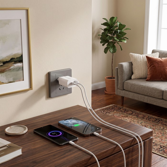 Wozinsky WLS-20W 20W USB-A USB-C Wall Charger with 1m USB-C - USB-C Cable - White