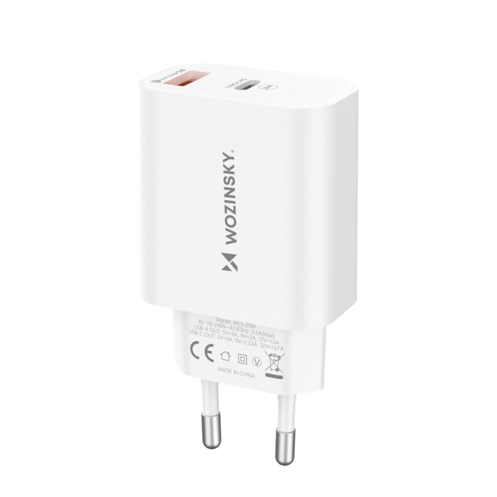 Wozinsky WLS-20W 20W USB-A USB-C Wall Charger with 1m USB-C - USB-C Cable - White